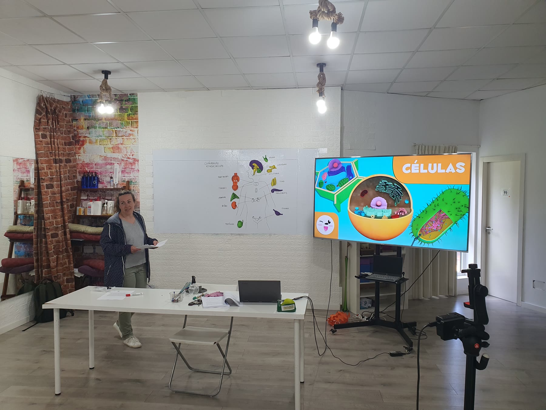 Profesora de EIDH impartiendo una clase con pizarra y pantalla