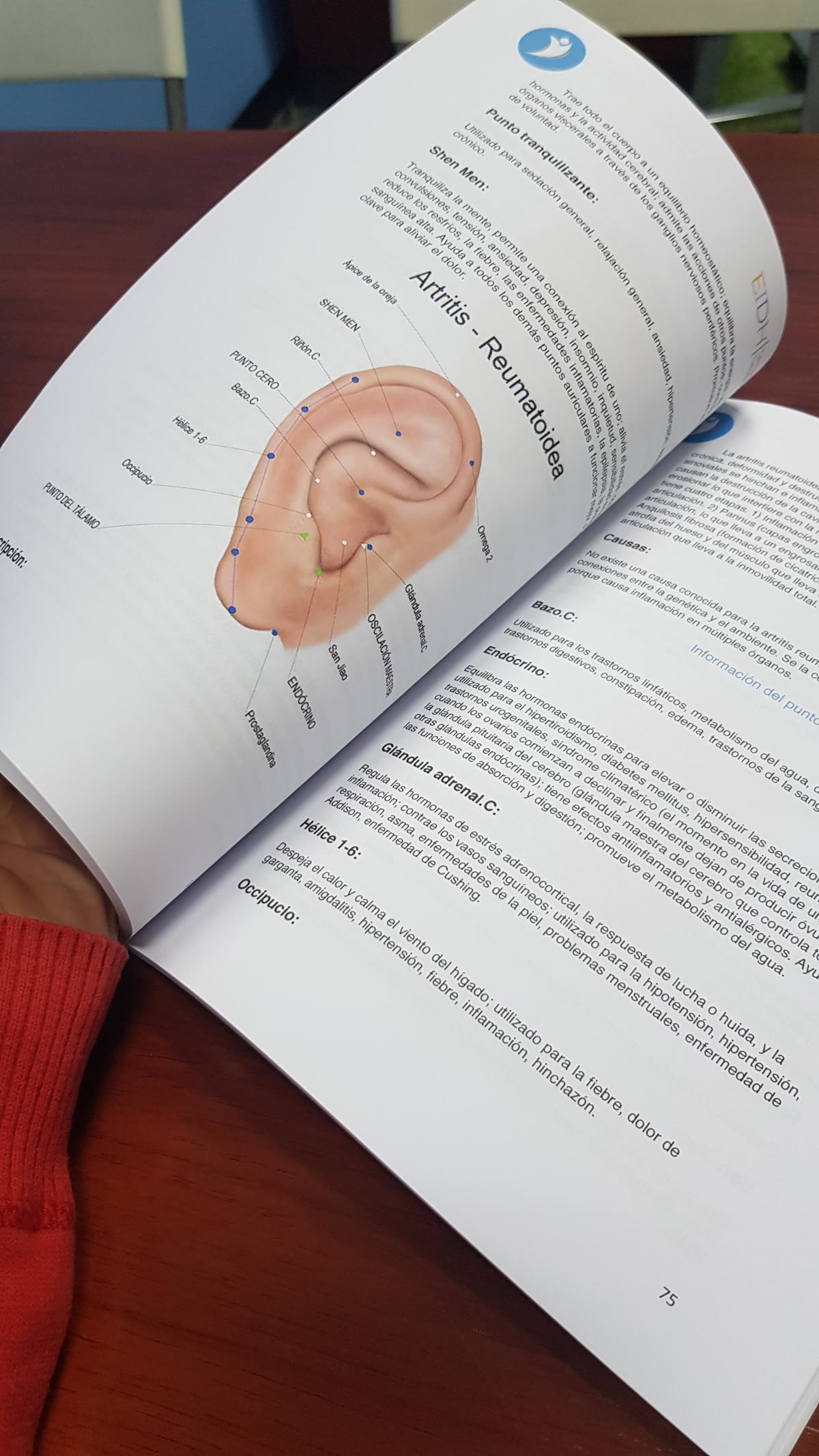 Manual propio de Auriculoterapia de EIDH abierto con una ilustración de la oreja